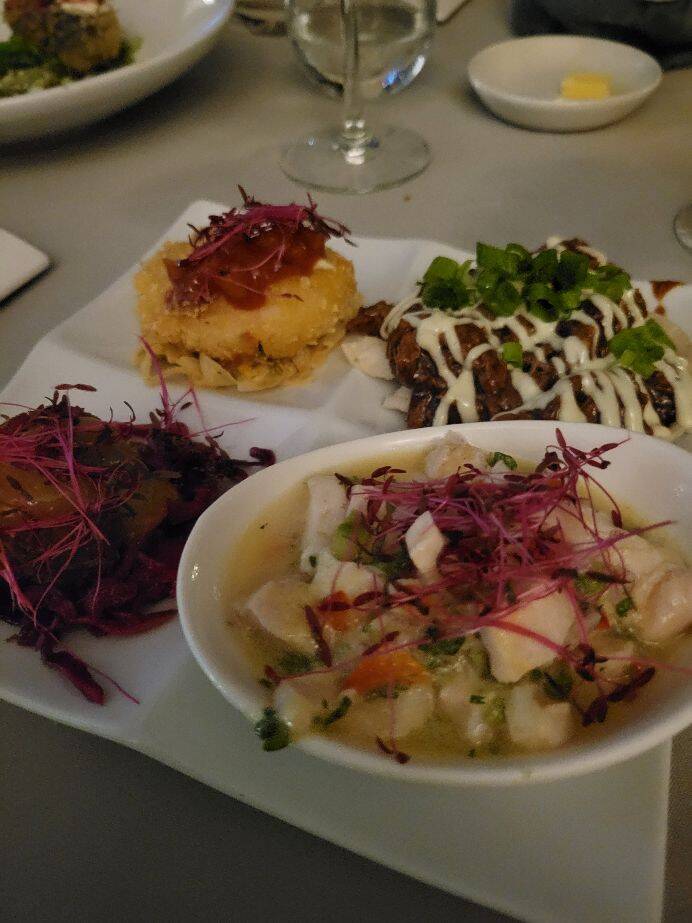 Attached picture Mario's crab-ceviche-shimp tempura-duck taco.jpg